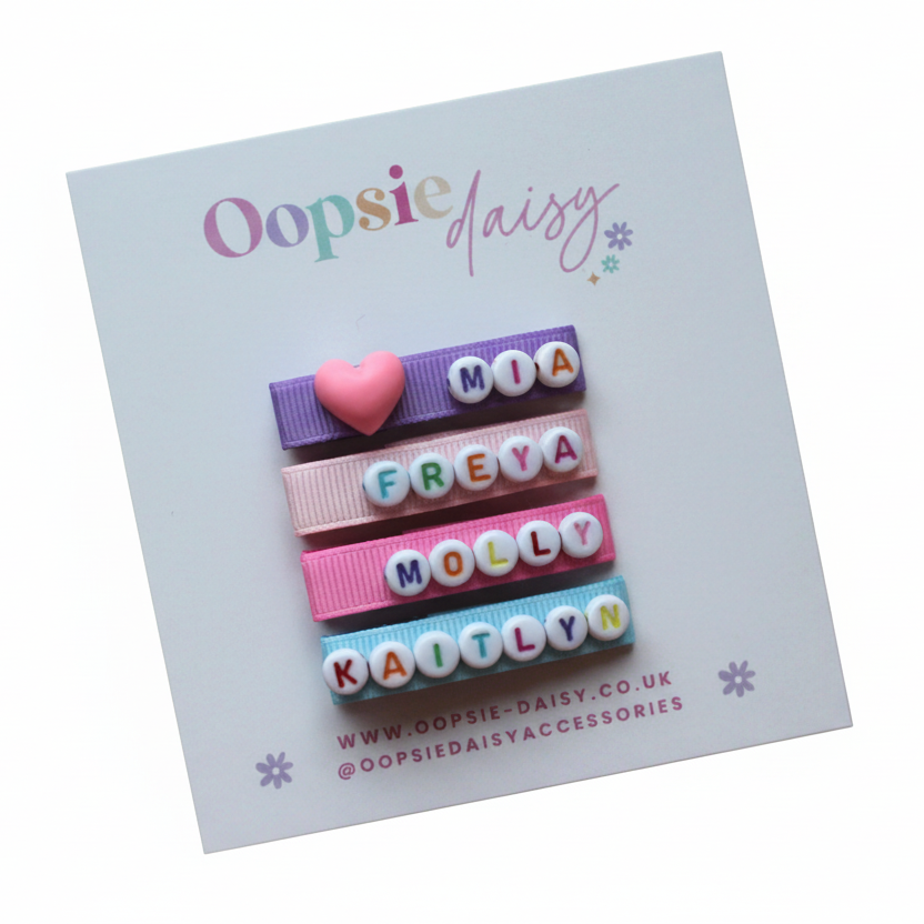 Colourful personalised name hair clip slides 